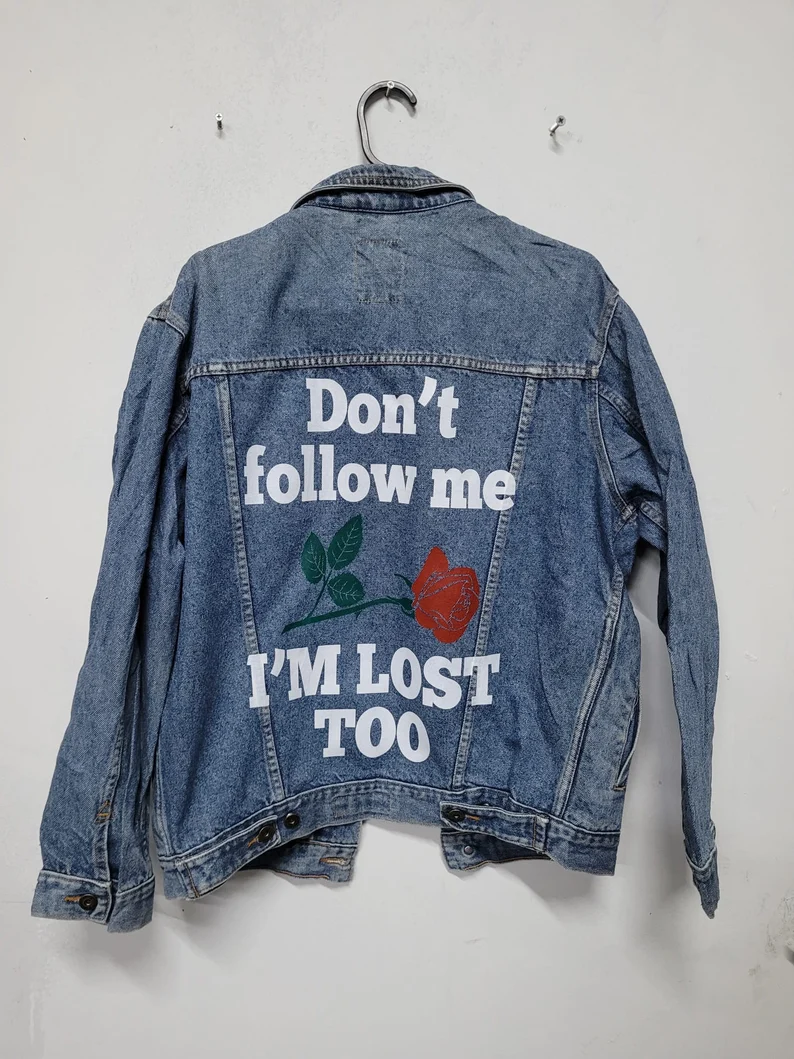 “Don’t Follow” Customised Vintage Denim Trucker Jacket – S-XXL