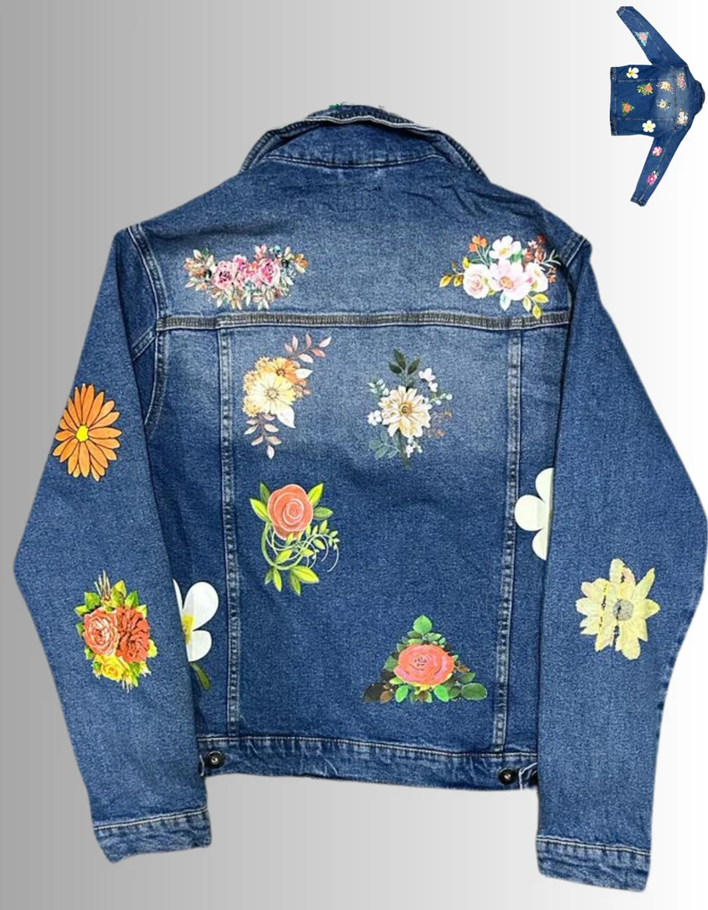 Flowers Customised Vintage Denim Trucker Jacket – S-XXL - Image 2