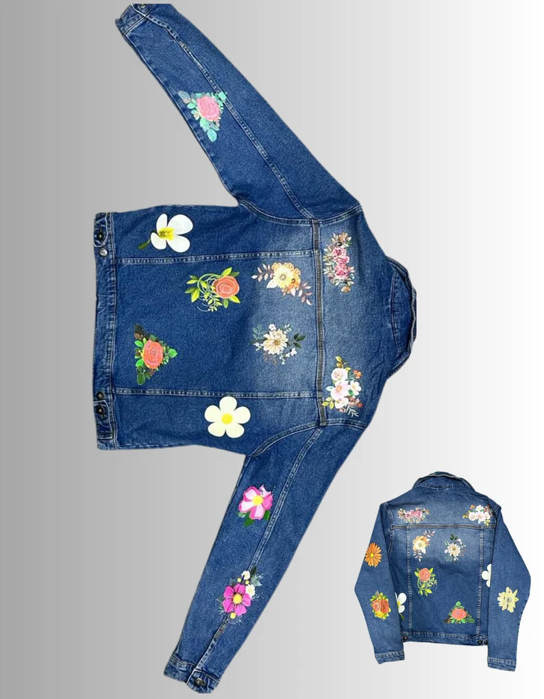 Flowers Customised Vintage Denim Trucker Jacket – S-XXL - Image 3