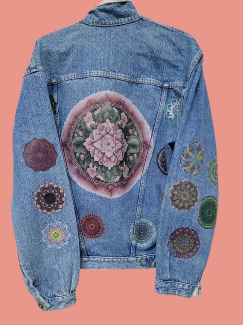 Mandala Design Custom Graphic Vintage Denim Jacket | 80s 90s Trucker Jacket | Mandala Printed Streetwear Jacket