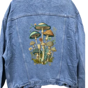 Vintage Mushroom Design Denim Jacket – 80s/90s Custom Printed Trucker Jacket