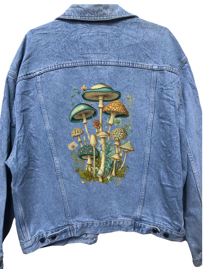 Vintage Mushroom Design Denim Jacket – 80s/90s Custom Printed Trucker Jacket