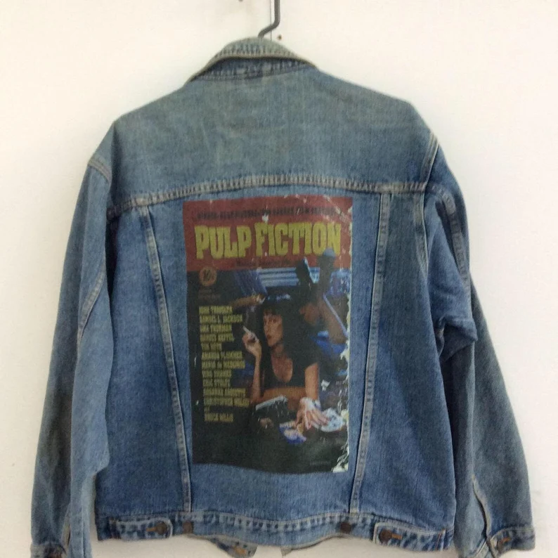 Pulp Fiction Vintage Denim Jacket – 80s/90s Custom Printed Trucker Jacket
