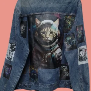 Space Cat Vintage Denim Jacket – 80s/90s Custom Printed Trucker Jacket
