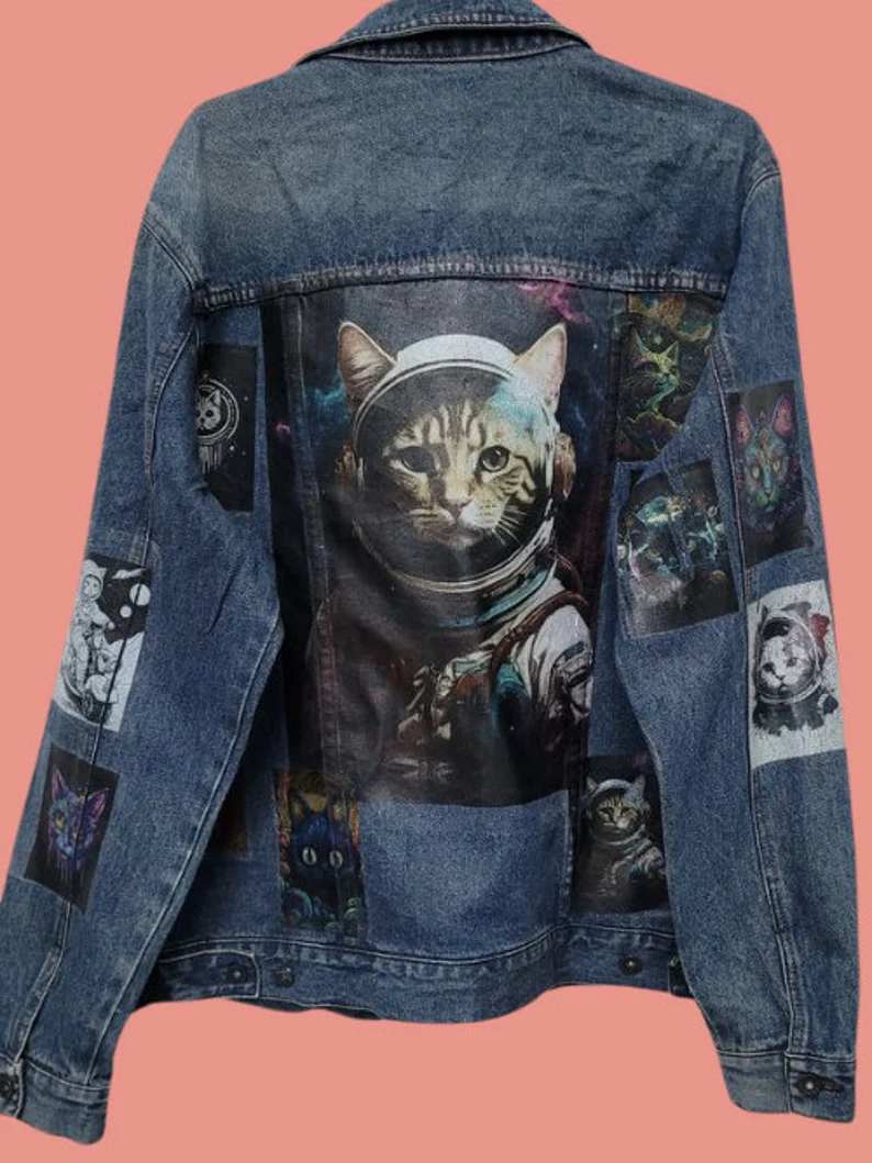 Space Cat Vintage Denim Jacket – 80s/90s Custom Printed Trucker Jacket