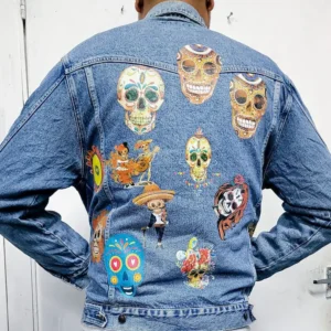 Sugar Skulls Custom Vintage Denim Jacket – 80s/90s Style Trucker Jacket