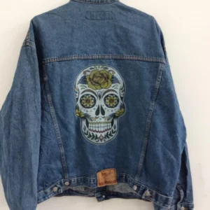 Sugar Skull Custom Vintage Denim Jacket – 80s/90s Trucker Style