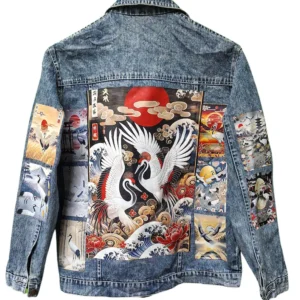 Japanese Bird Crane Customised Vintage 80s 90s Trucker Denim Jacket S-XXL | Printed Denim Jacket