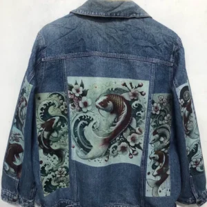 Japanese Koi Fish Customised Vintage 80s 90s Trucker Denim Jacket S-XXL | Printed Denim Jacket