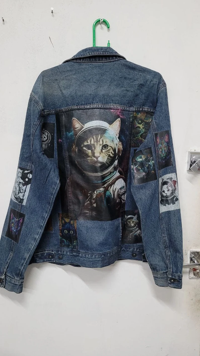 Space Cat Vintage Denim Jacket – 80s/90s Custom Printed Trucker Jacket - Image 6