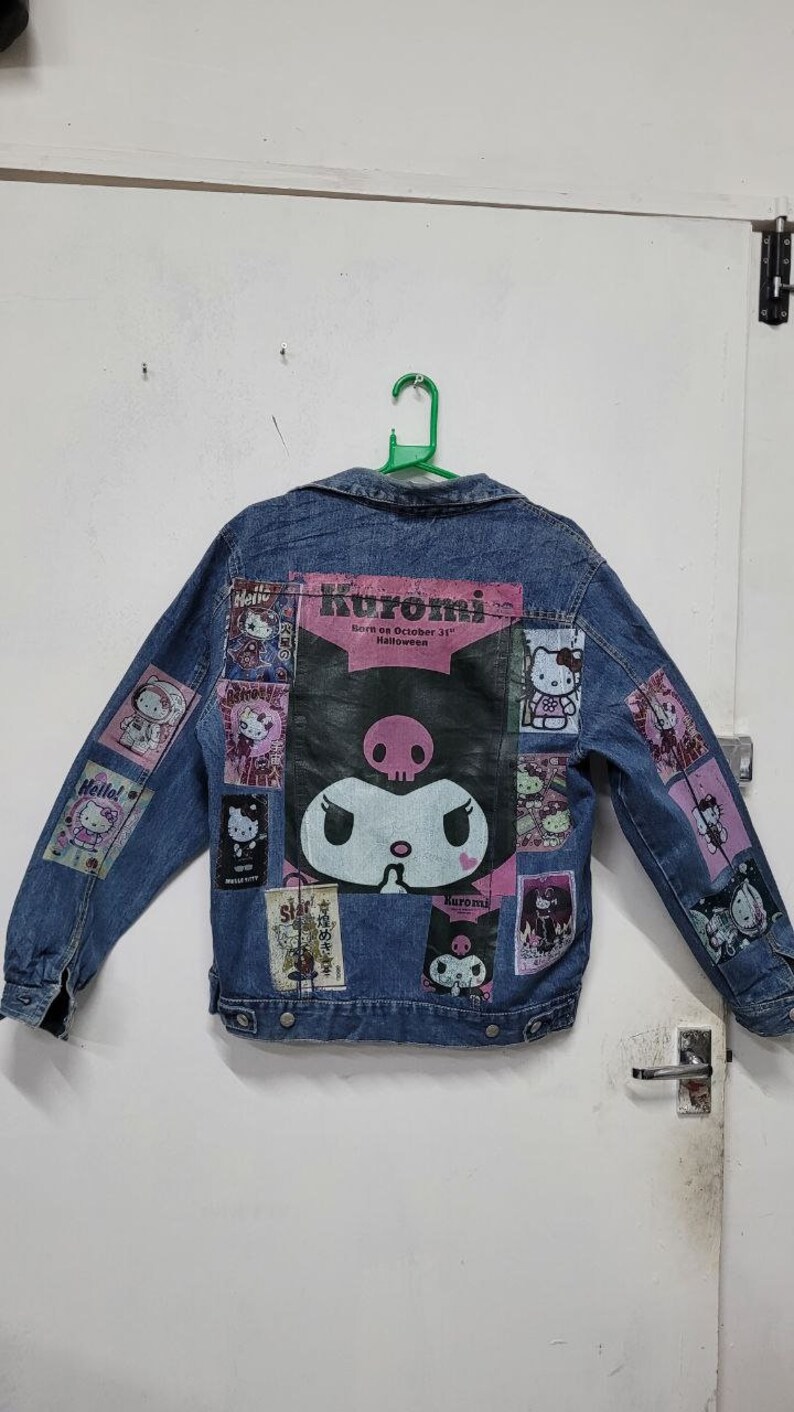 Kuromi Cat Design Custom Graphic Vintage Denim Jacket | 80s 90s Trucker Jacket | Japanese Kawaii Streetwear Jacket - Image 3