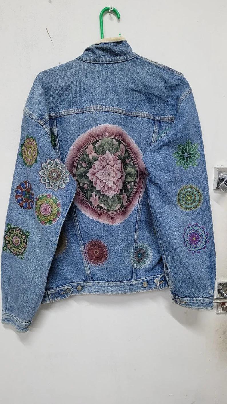 Mandala Design Custom Graphic Vintage Denim Jacket | 80s 90s Trucker Jacket | Mandala Printed Streetwear Jacket - Image 2