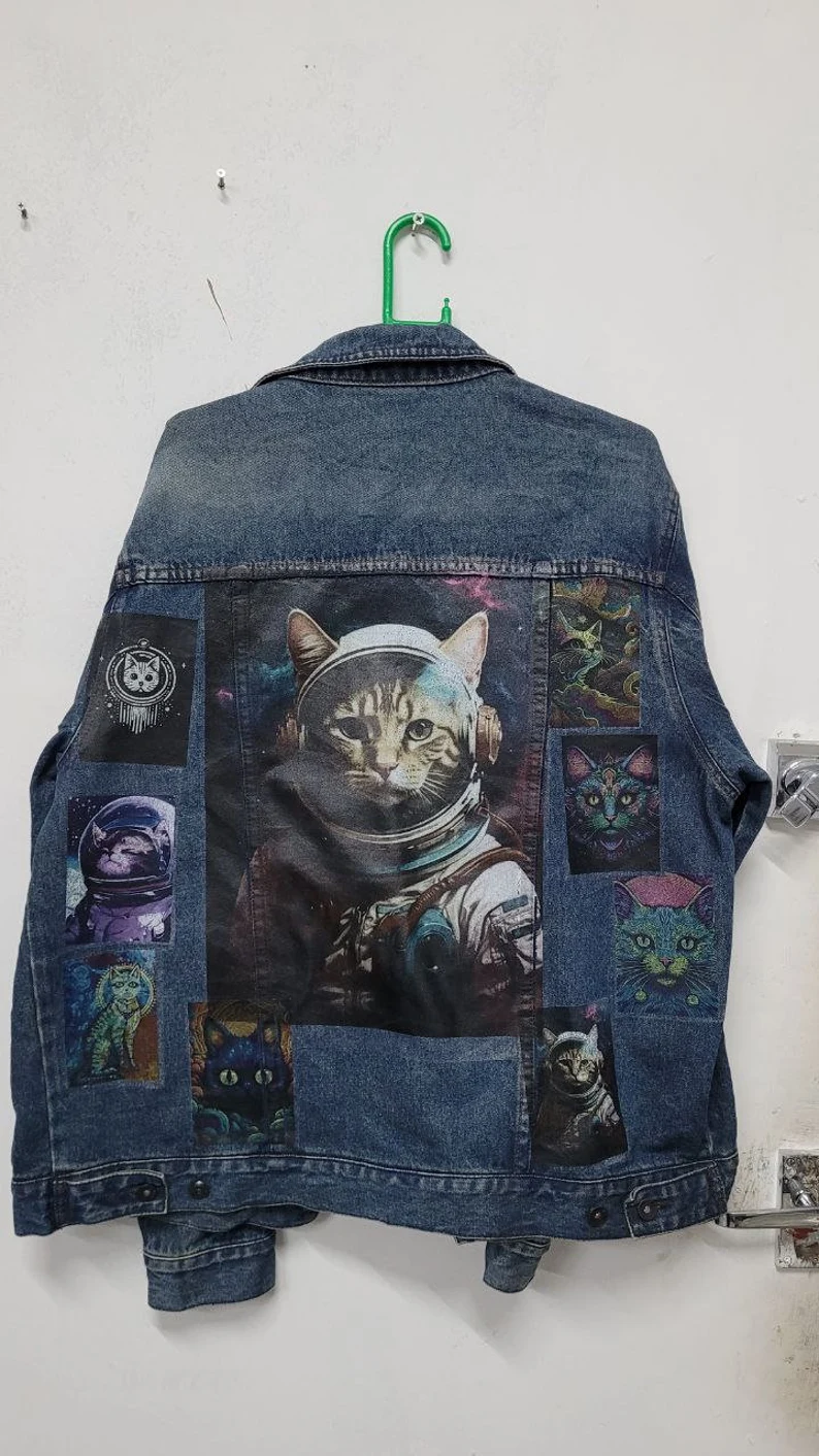 Space Cat Vintage Denim Jacket – 80s/90s Custom Printed Trucker Jacket - Image 7