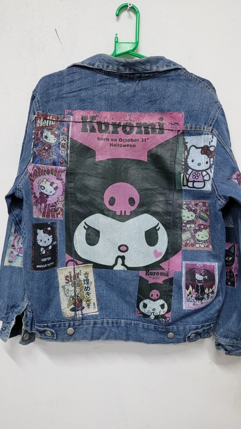 Kuromi Cat Design Custom Graphic Vintage Denim Jacket | 80s 90s Trucker Jacket | Japanese Kawaii Streetwear Jacket