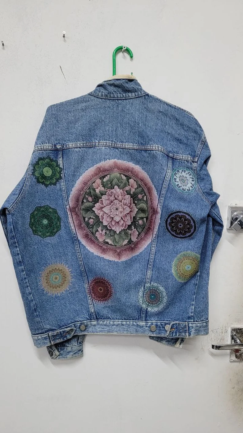 Mandala Design Custom Graphic Vintage Denim Jacket | 80s 90s Trucker Jacket | Mandala Printed Streetwear Jacket - Image 3