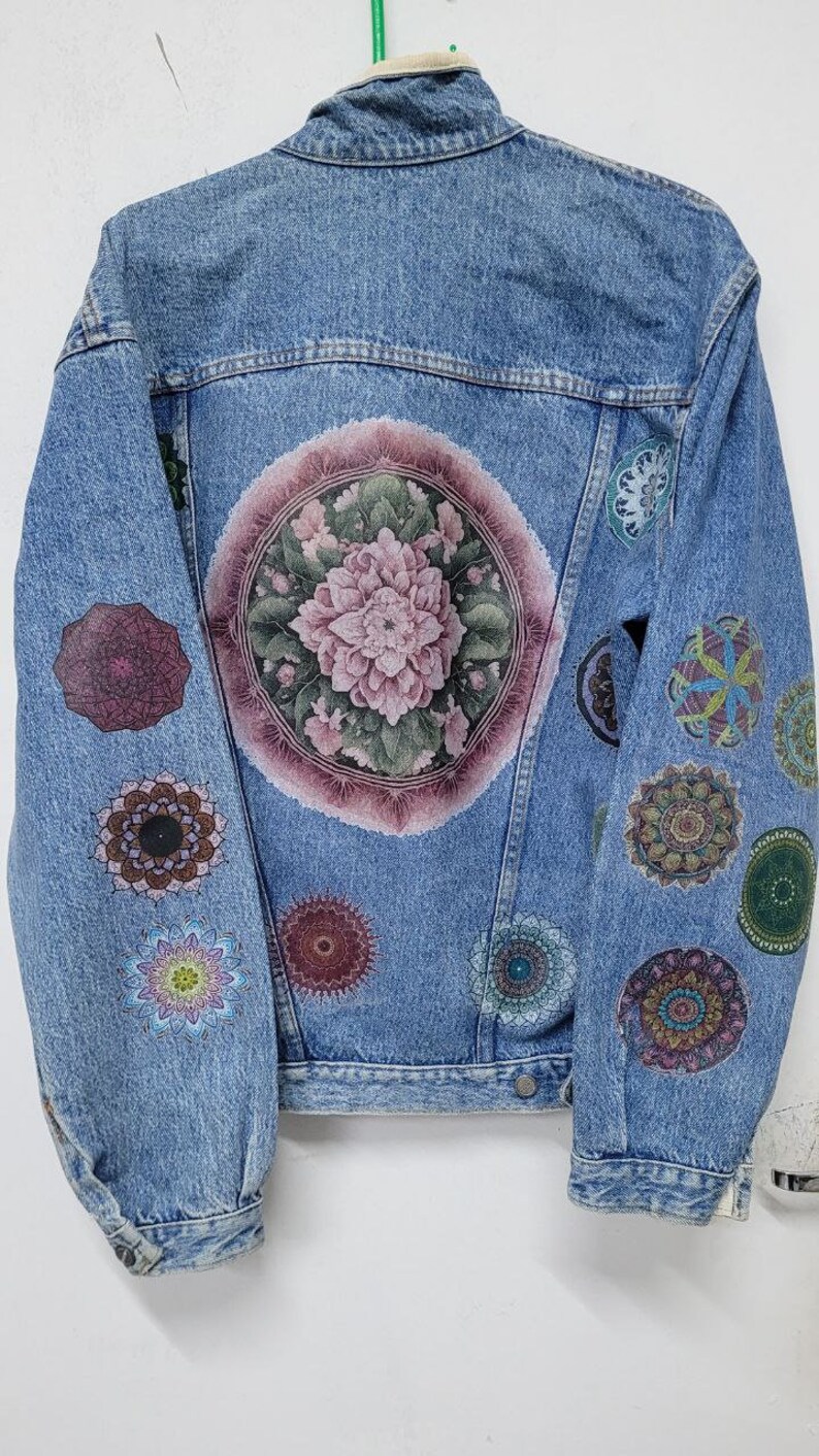 Mandala Design Custom Graphic Vintage Denim Jacket | 80s 90s Trucker Jacket | Mandala Printed Streetwear Jacket - Image 4